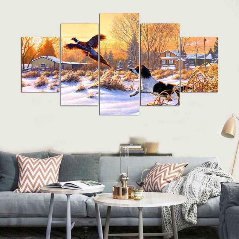 Pheasant Dog Hunting Winter Animal 5 Panel Canvas Art Wall Decor