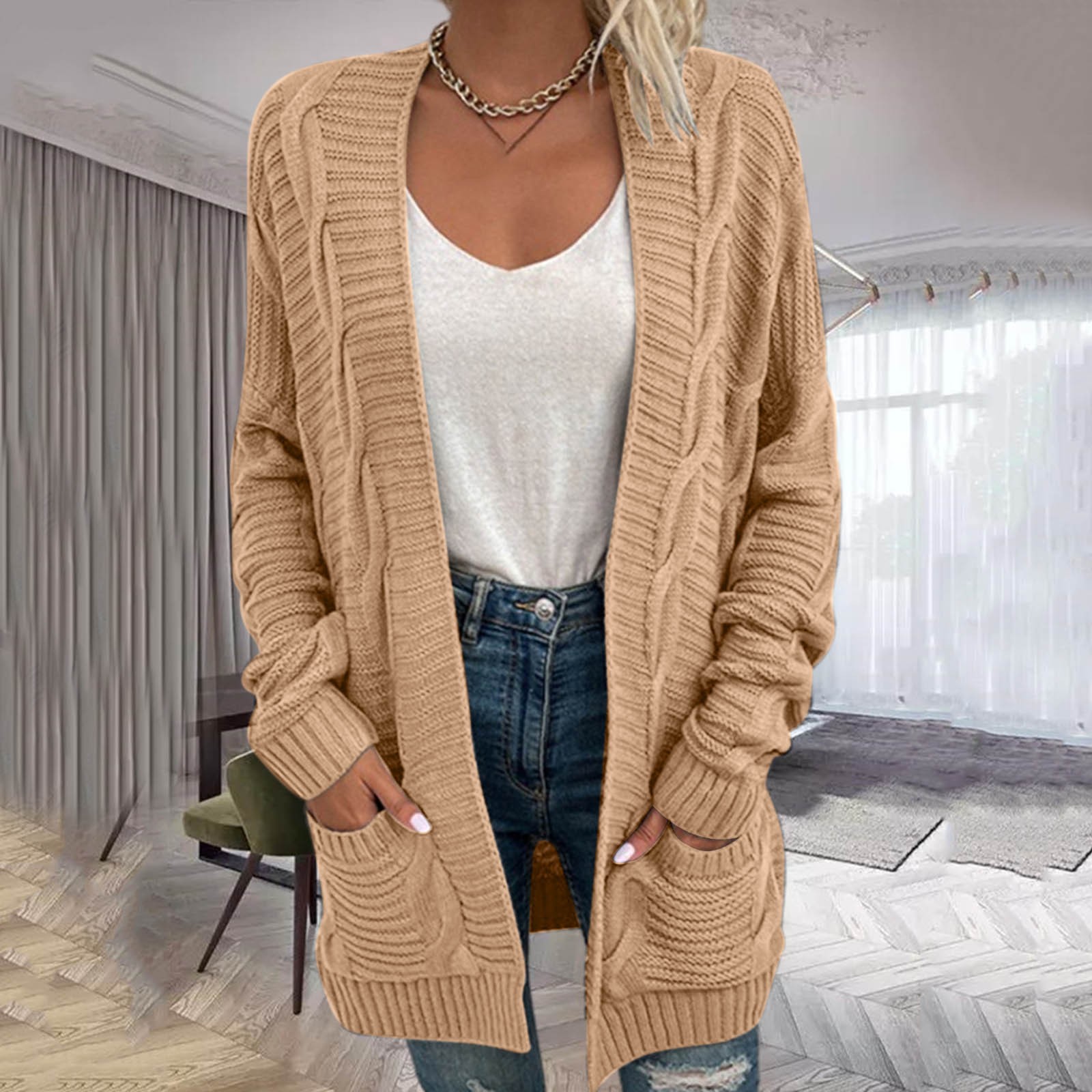 Women Cardigan Winter Casual Long Sleeve Ladies Outwear Overcoat Coats Solid Sweater Fried Dough Twists Pockets Sweater G3 alx