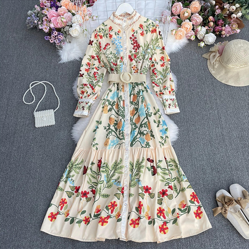 Autumn Winter Women Long Sleeve Floral Party Dresses 2022 Vintage Puff Sleeve Long Maxi Dress Plus Size Dress Vestidos alx