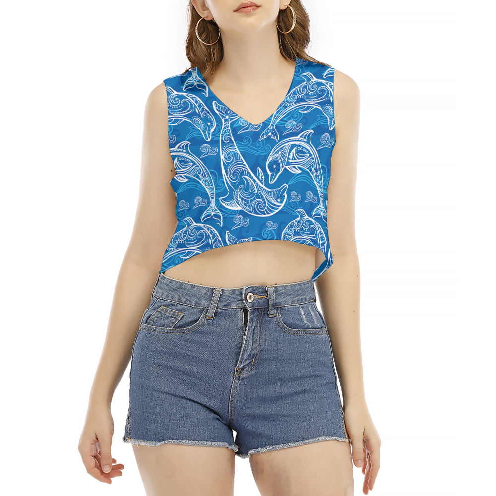 Blue Dolphin Pattern V-Neck Sleeveless Cropped T-Shirt