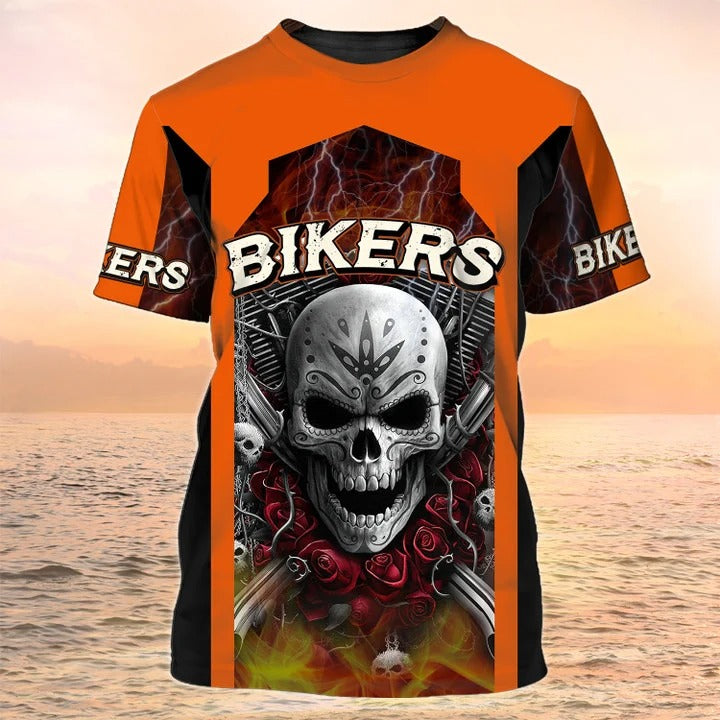 3D Skull Biker Men Shirt, Halloween Biker Tshirt