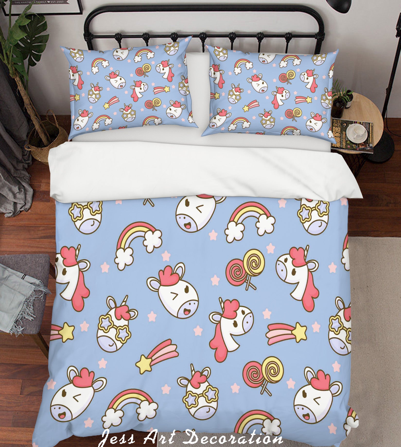 3D Blue Unicorn Rainbow Star Quilt Cover Set Bedding Set Pillowcases 40