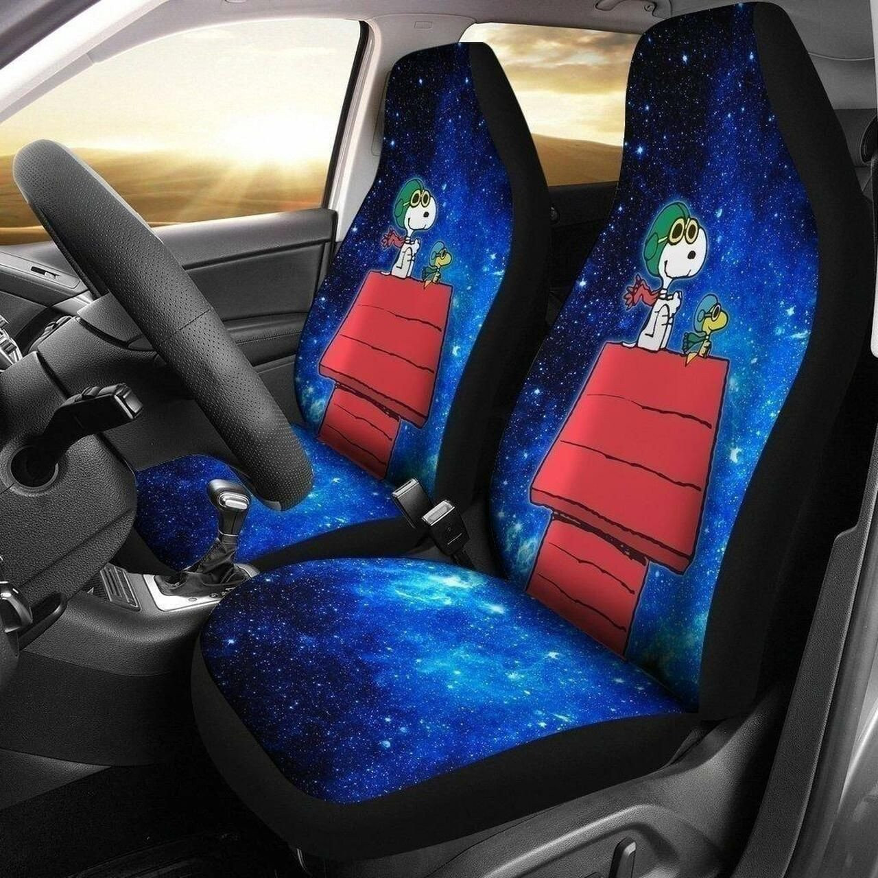 Blue Universal Snoopy Flying Red Baron Car Seat Covers – Seat Covers With Leather Pattern Print Will Get 2 Pcs