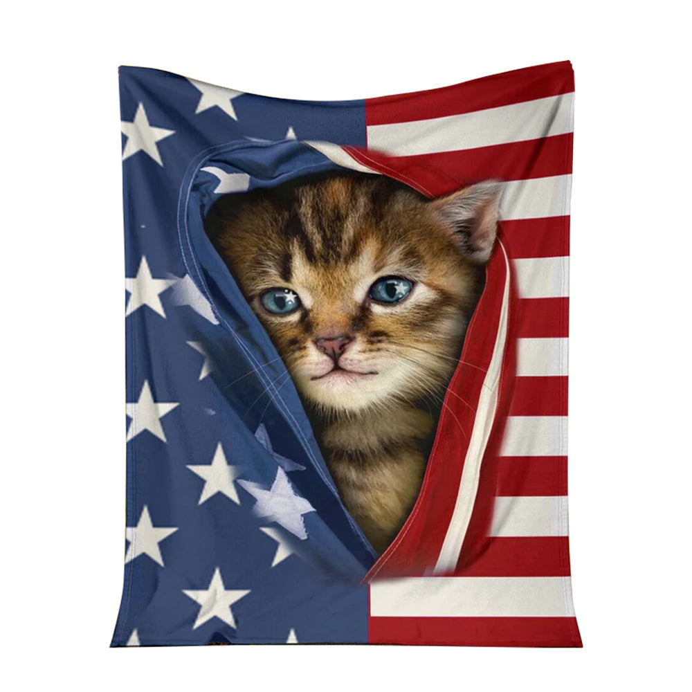 Cat Kitten Opened American Flag Independence Day Cat – Flannel Blanket