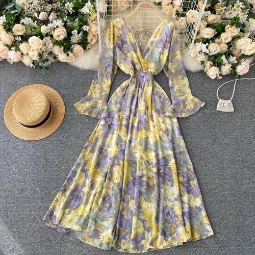 Women Sexy Boho Dress New 2020 Spring Autumn Long Sleeve V Neck Backless Long Dresses Ladies Vintage Floral Printed Dress alx