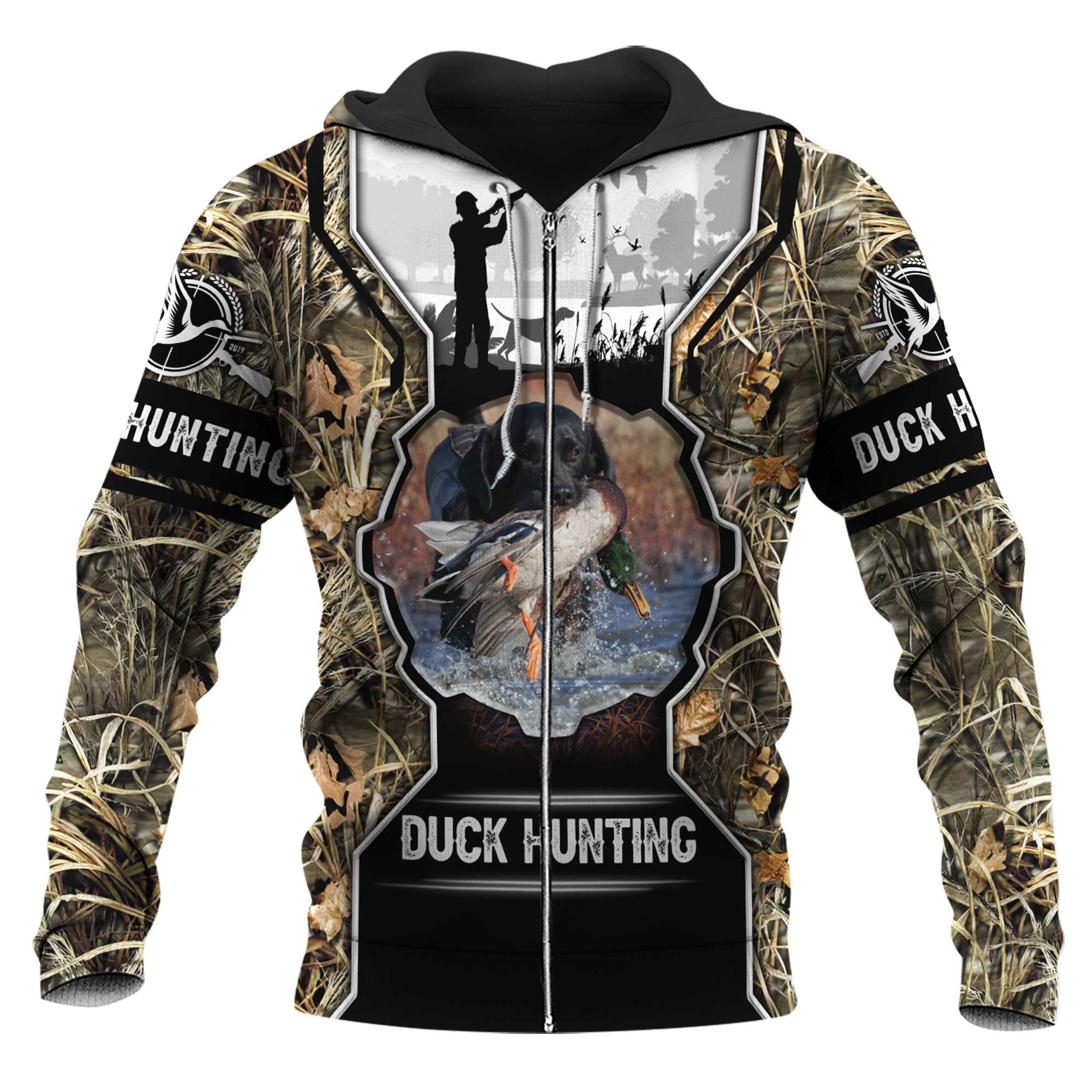 ViticStore™ Hunting Duck With Labrador Retriever Buddy 3D- Grey & Brown Shade All Over Printed XXL Zip-Hoodie