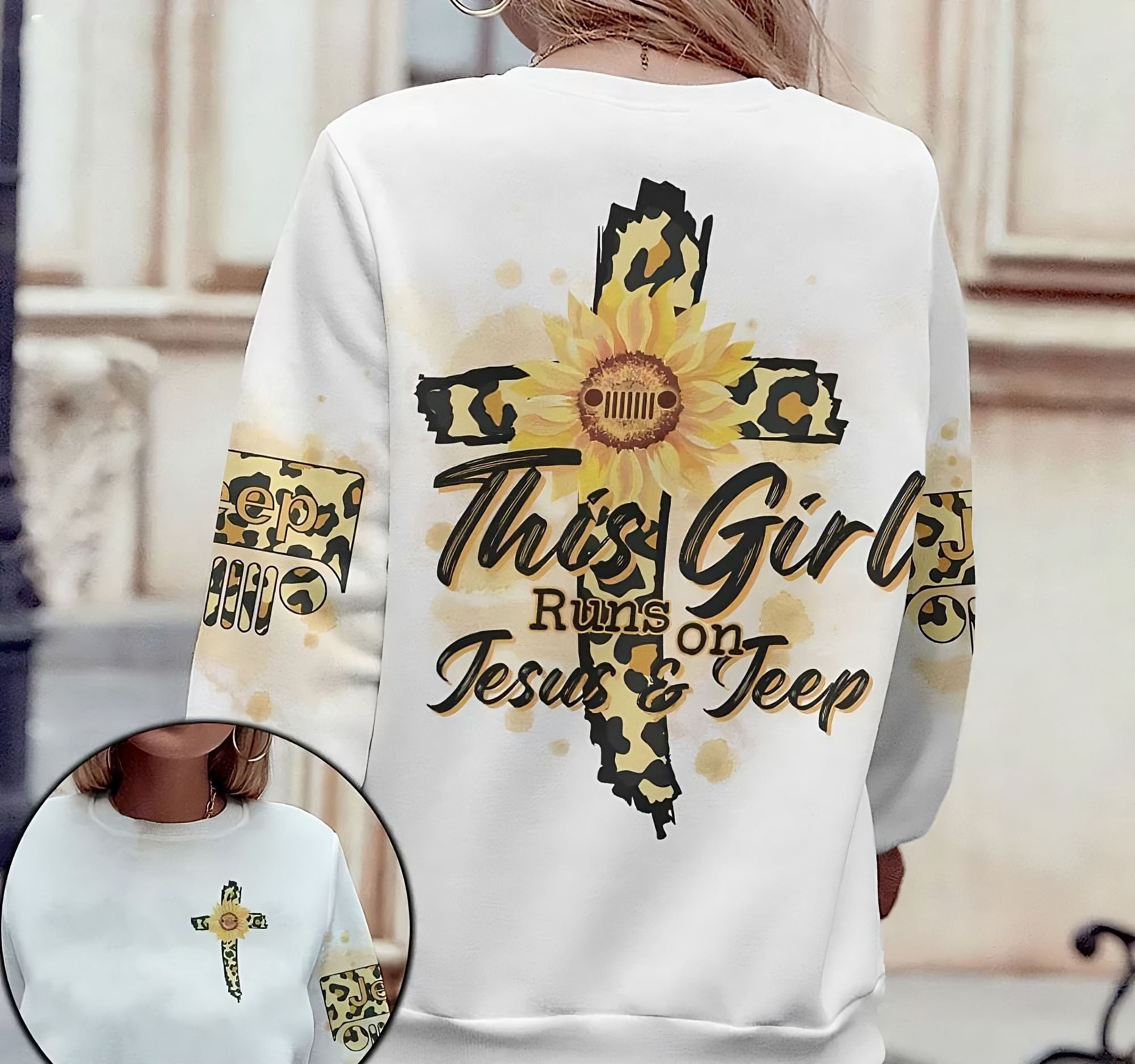 This Girl Runs On Jesus And Jeep Sunflower All Over Print Sweatshirt