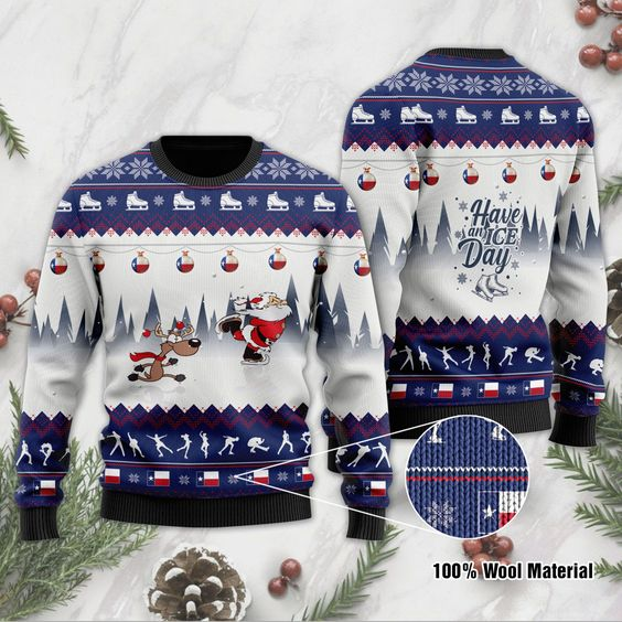 Unifinz Reindeer Sweater Skating Ugly Christmas Sweater Have An Ice Day Reindeer Santa Claus Skating Sweater 2022