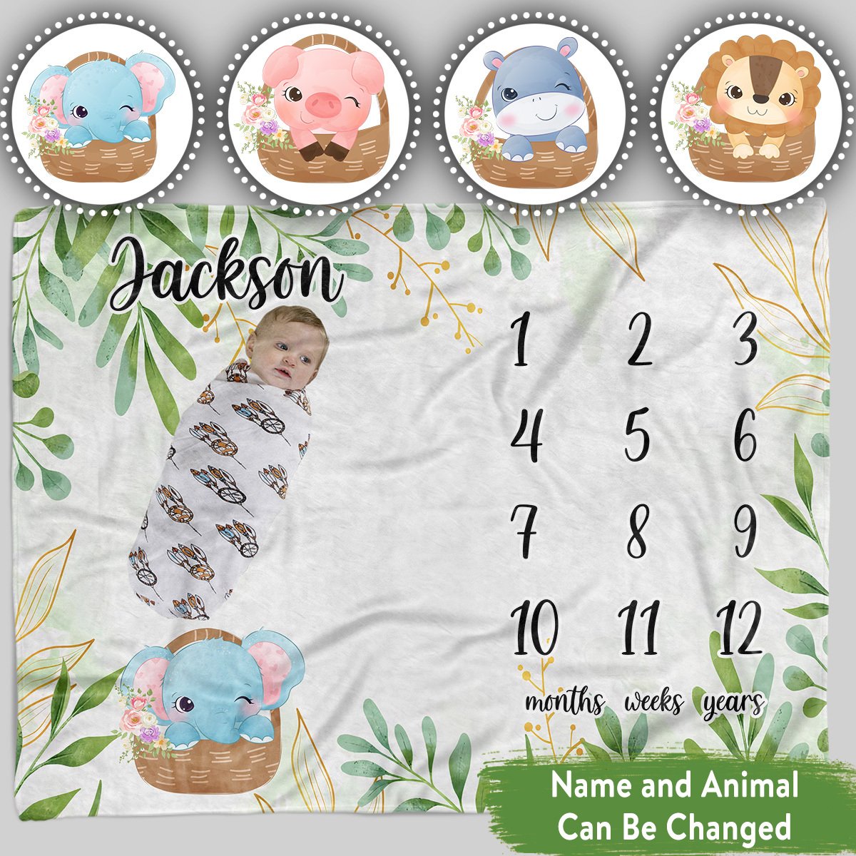 Personalized Baby Blankets Personalized Baby Milestone Blanket With Name, Elephant, Pig, Lion Baby Blanket White Color For Boy And Girl Baby