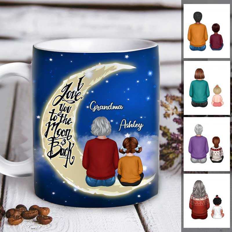 Grandma Grandkids On Moon Watercolor Personalized Mug