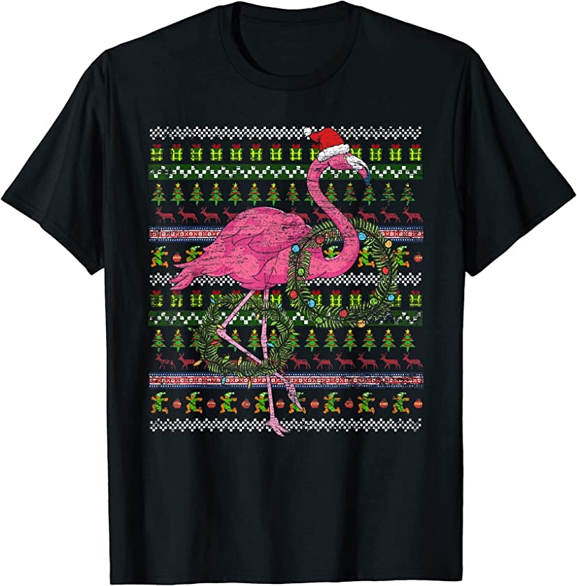 Ugly Christmas Zoo Animal Bird Merry Xmas Pink Flamingo T-Shirt