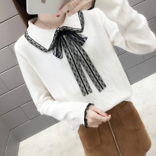 Bow Tie Spring Autumn Sweaters Lace Patchwork Turn Down Collar Sweater Women Pullovers New Loose Lazy Knitted Sweater Green Pink alx