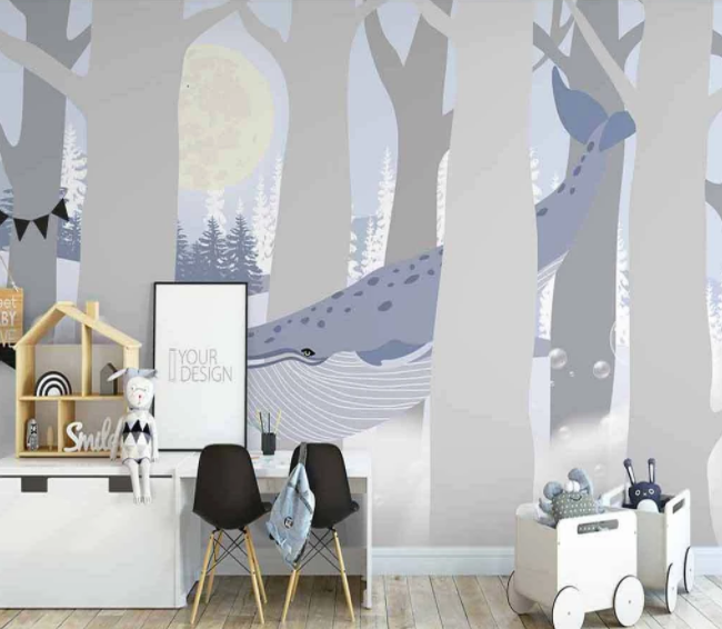 3D Cartoon Moon Tree Branch Whale Wall Mural Wallpaper Lxl