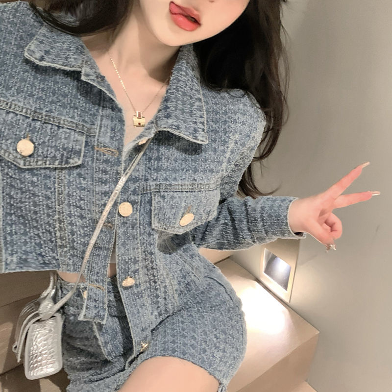 Women 2 Piece Set Autumn Retro Lapel Single Breasted Short Denim Jacket High Waist Hip Irregular Skirt Female Dress Suit J210 alx