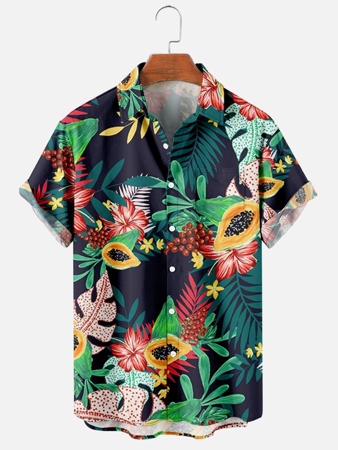 Mens Tropical Leaves Fruits Print Short Sleeve Hawaii Shirts Ha55142