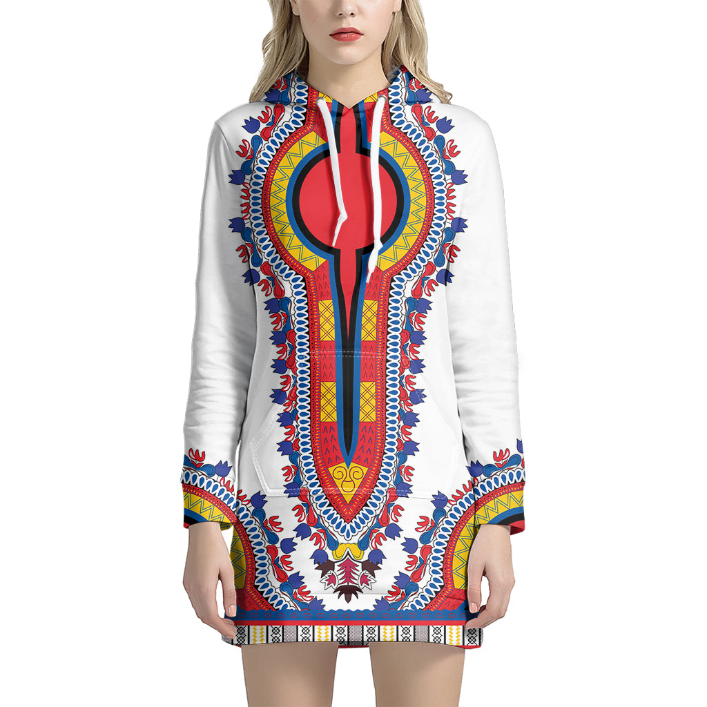 Red And White African Dashiki Print Women’S Pullover Hoodie Dress