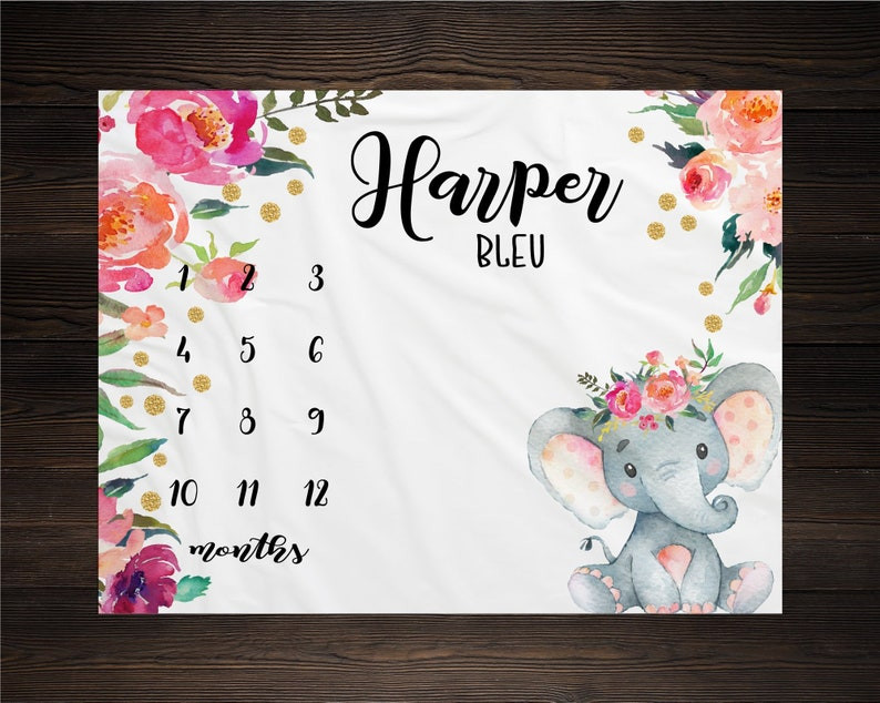 Personalized Elephant And Pink Flowers Monthly Milestone Blanket, Newborn Blanket, Baby Shower Gift Adventure Awaits Monthly Growth