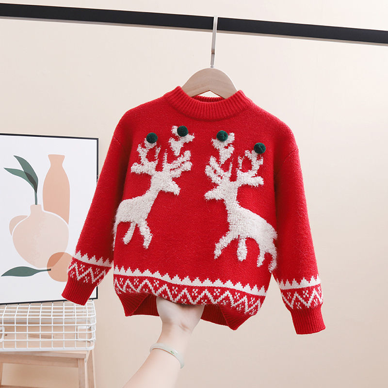 3 4 5 6 8 10 Years Boys Girls Knitted Pullover Christmas Deers Sweater 2021 New Autumn Winter Red Green Top Jackets alx