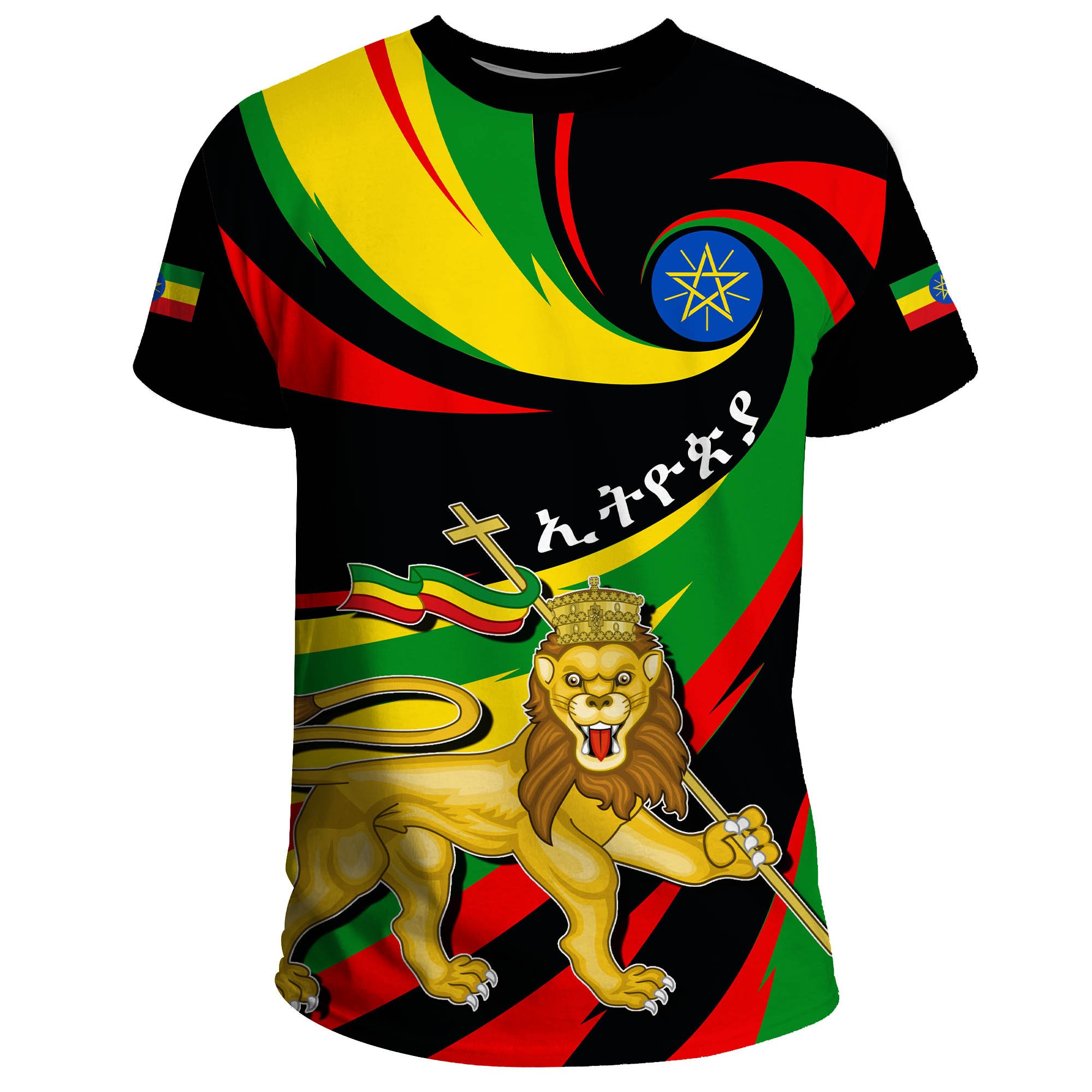 1stTheWorld T-Shirt Ethiopia Flag Lion Map A30