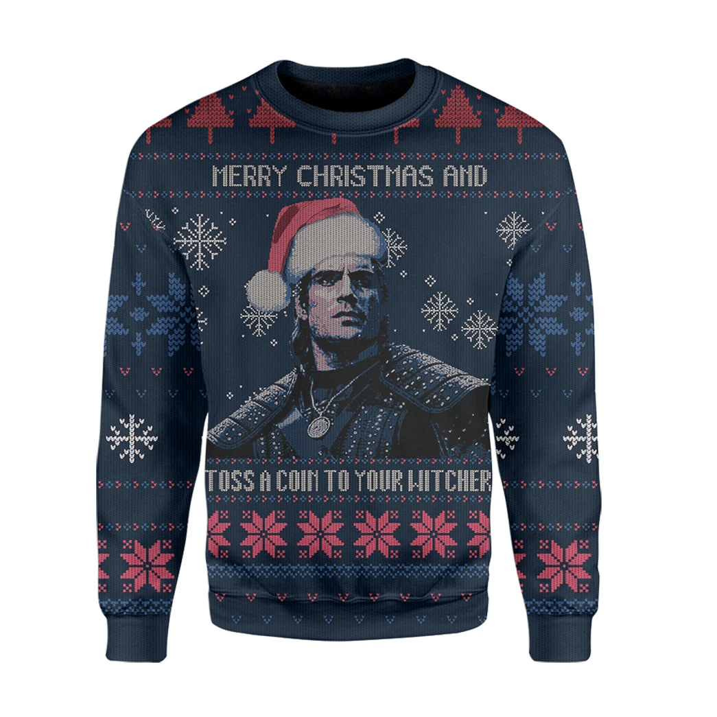 Alohazing 3D Merry Christmas And Toss A Coin To Your Witcher Ugly Christmas Custom Sweatshirt