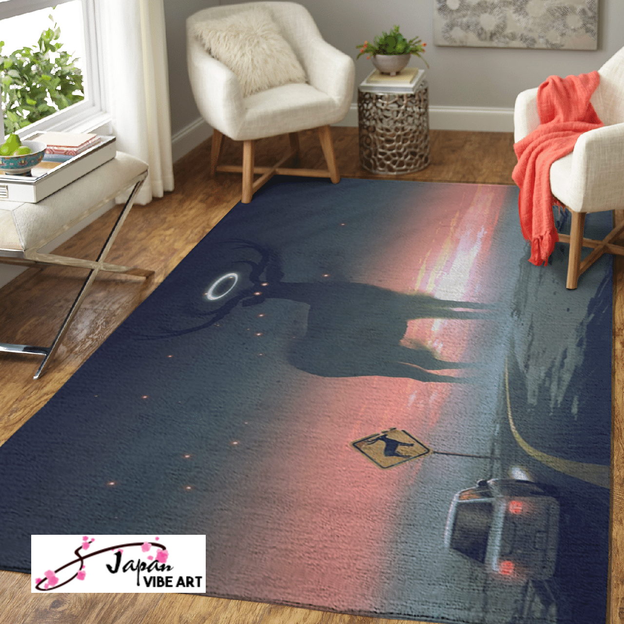 Area Rug 1016 Japanese Anime a legendary creature concept showing a car running into animal zone, the giant deer with glowing halo on the road