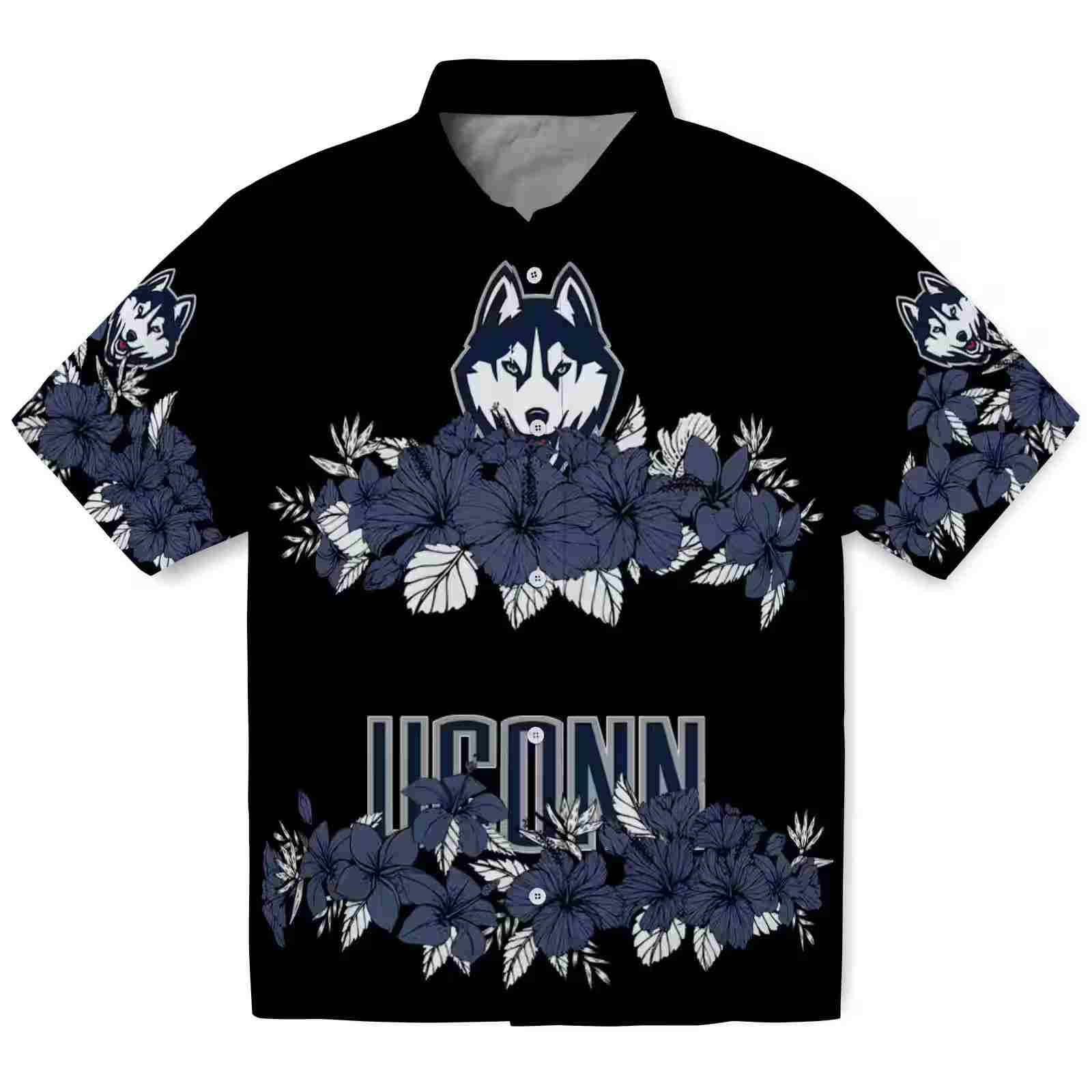 Uconn Huskies Hibiscus Stripe Blue Black Hawaiian Shirt