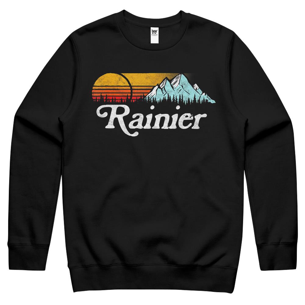 Retro Vibe Mount Rainier T-Shirt – Vintage Mountains & Sun Crewneck Sweatshirt