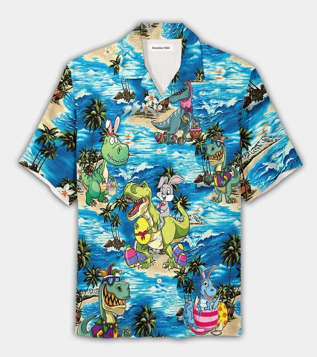 Beach Shirt Happy Easter 2021 Funny Bunny Riding Dinosaur Unisex Hawaiian Aloha Shirts