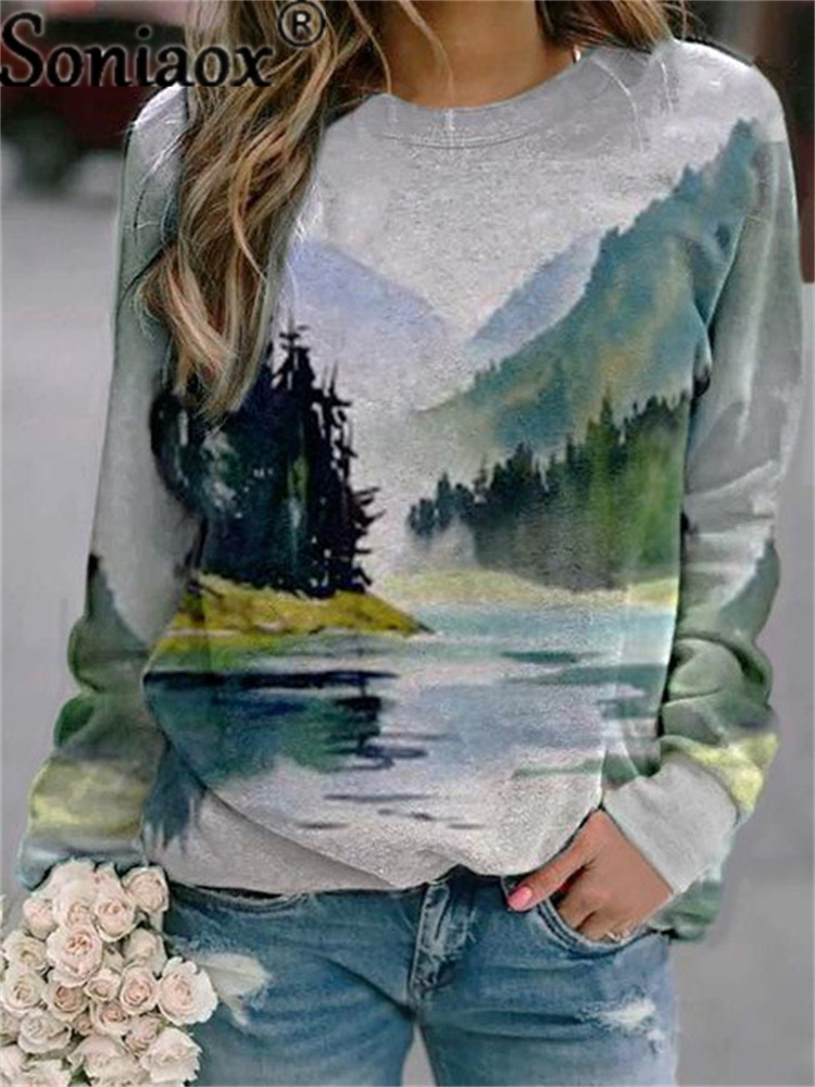 Women Sweatshirts Artist Oil Painting Forest Print Long Sleeve Ladies Spring Abstract Landscape Jumper 2021 Autumn Pullover Tops alx