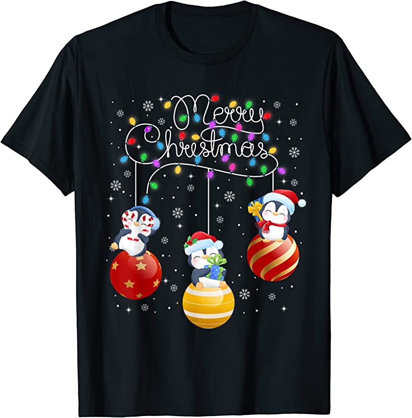 Cute Penguins Merry Christmas Lights Ornaments Balls Pajama T-Shirt