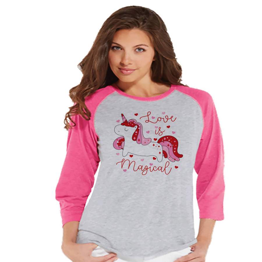 Women’s Unicorn Shirt – Love is Magical – Happy Valentine’s Day Shirt – Unicorn T-shirt – Womens Pink Raglan – Love Unicorn – Gift for Her