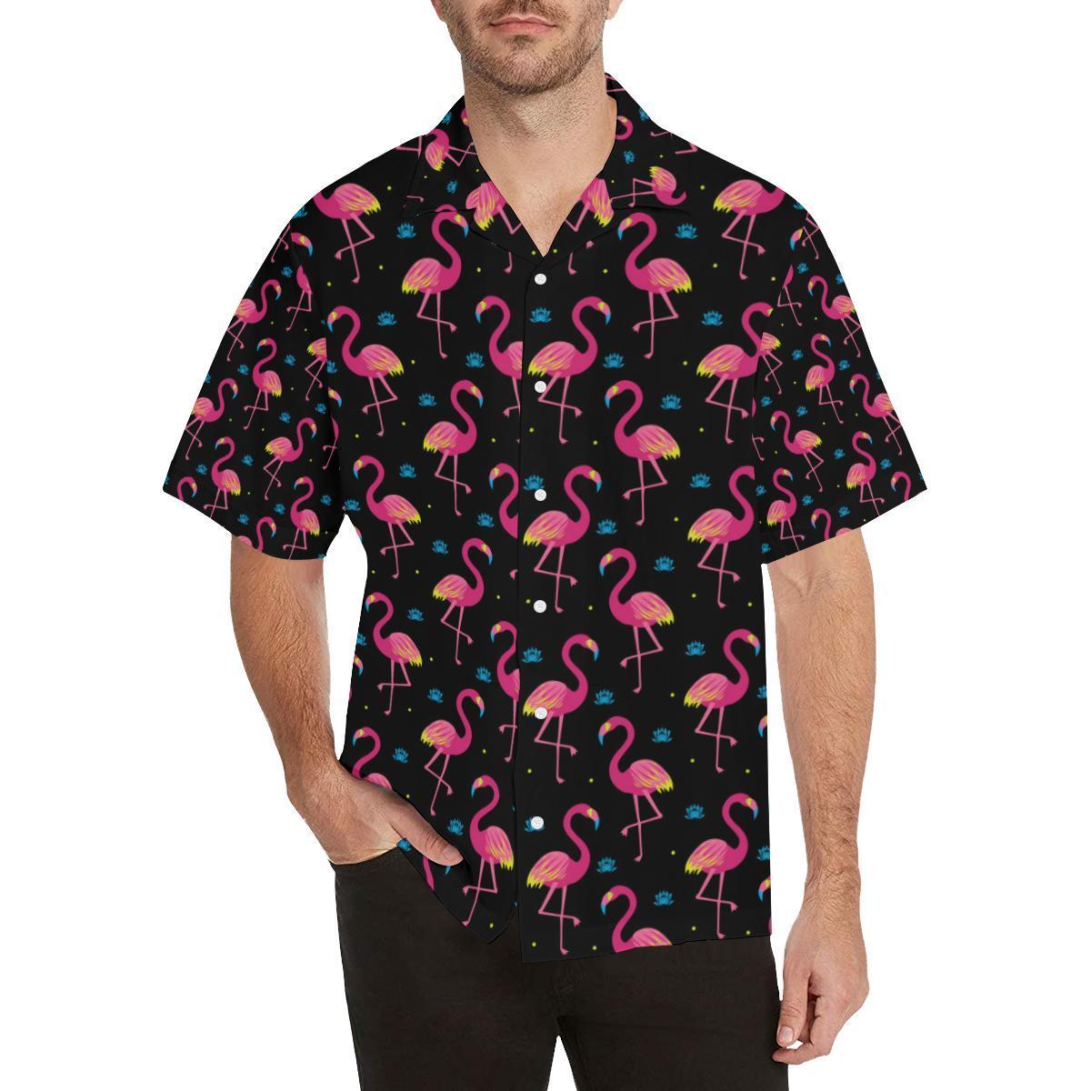 Flamingo Pink Neon Print Pattern Hawaii Unisex Aloha Short Sleeve Casual Shirt Ha26820