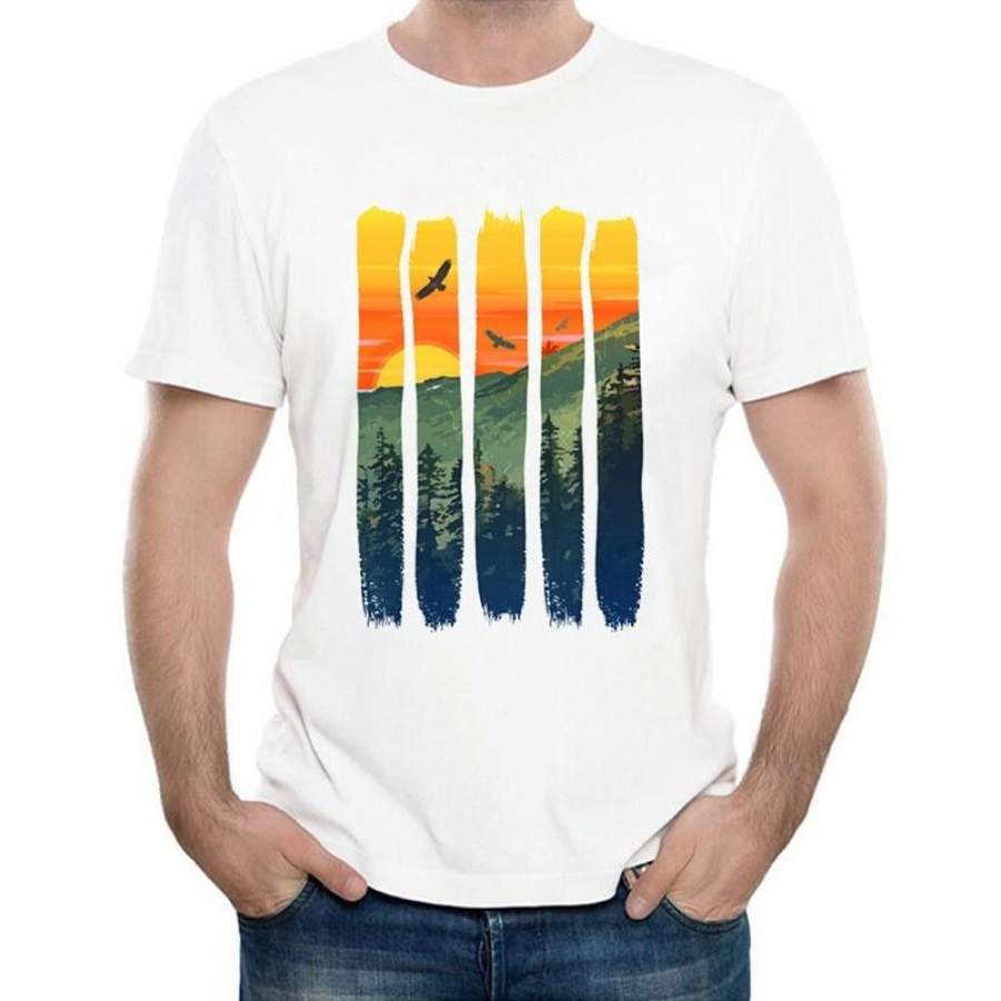 2018 Fashion Vintage Pines Eagles Mountain Design T Shirt Mens/Boy Cool Hipster Tops Summer Mountain Sunset Printed T-Shirt Tops