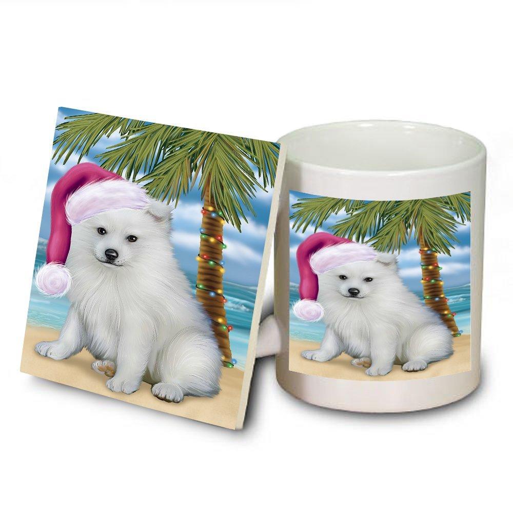 Summertime American Eskimo Puppy On Beach Christmas Mug And Coaster Set Muc0513