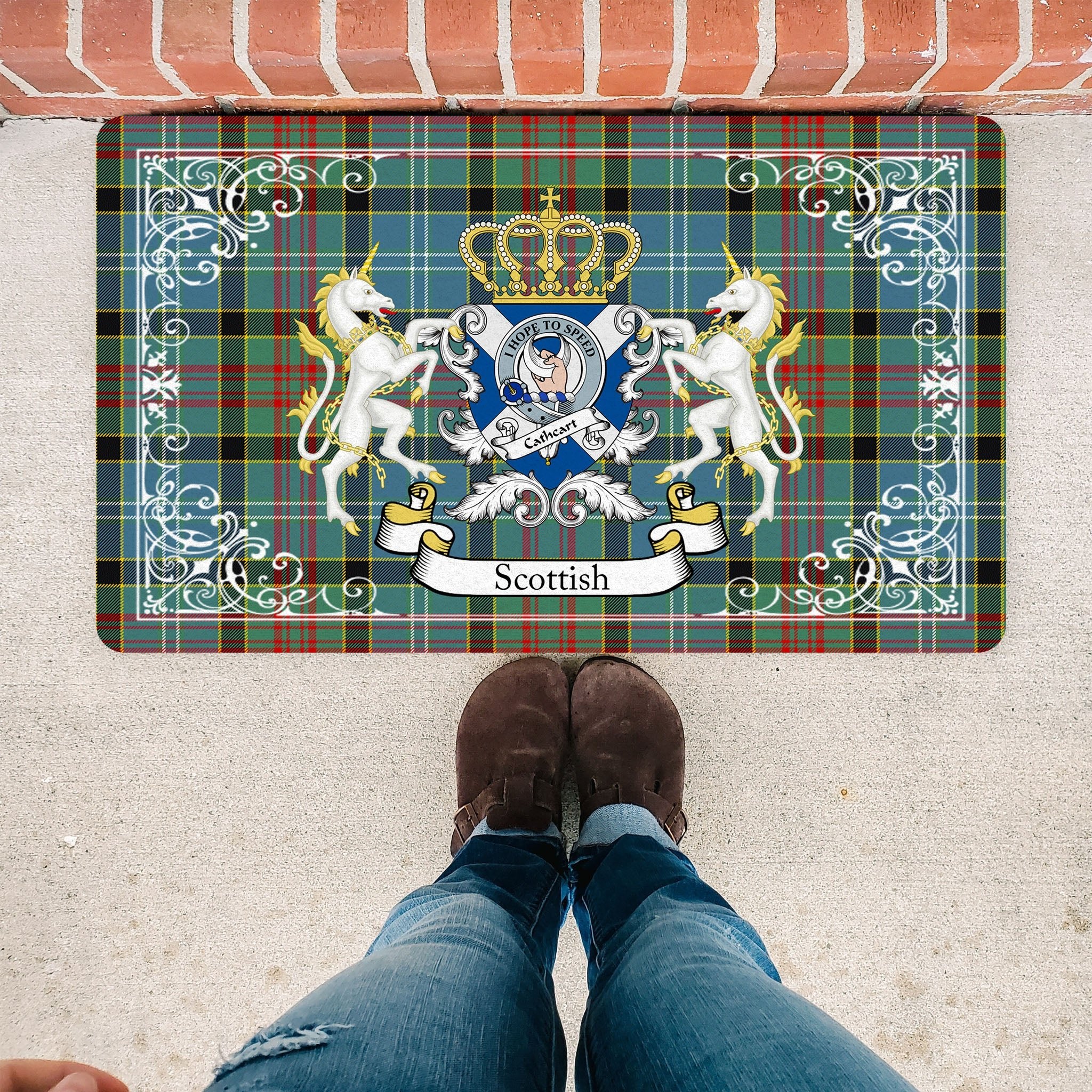 Scotstee Shop Tartan Door Mat Cathcart Clan Badge Tartan Scottish Plaid Doormat, Christmas Door Mat