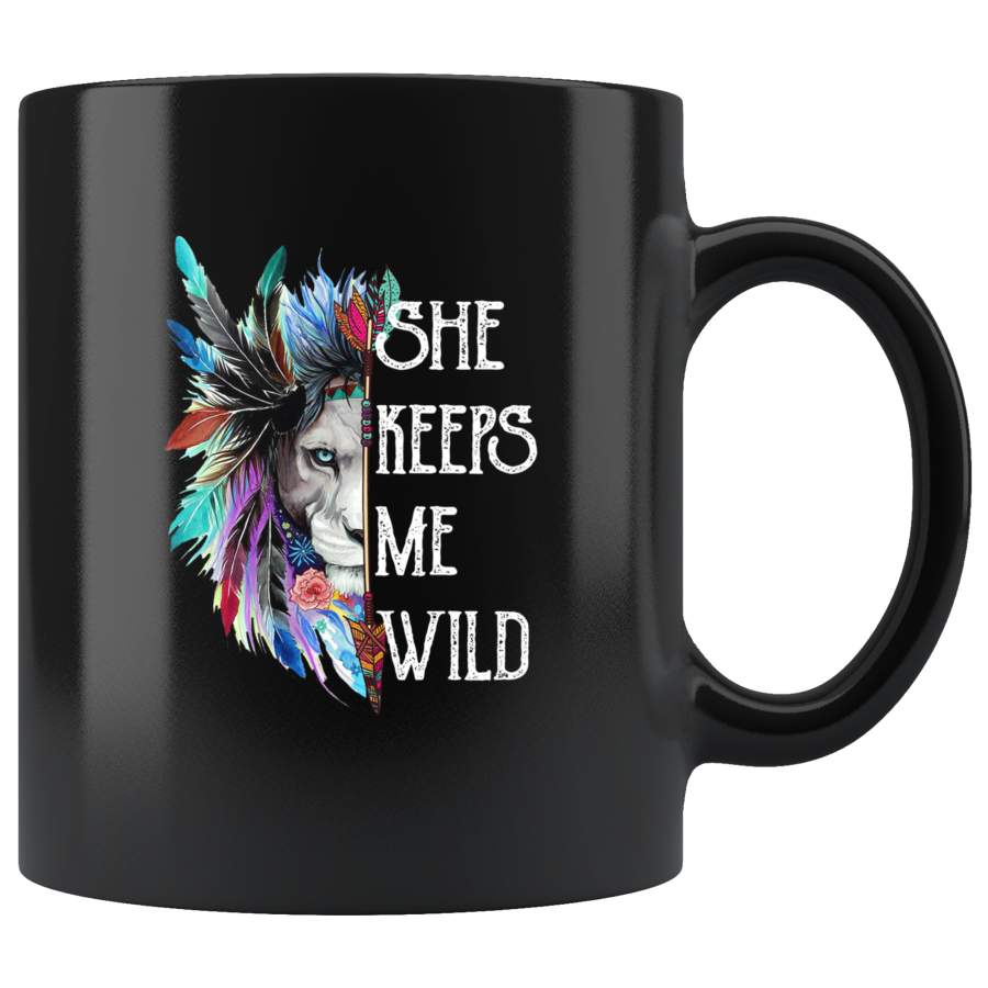 She Keeps Me Wild Couple Lion Colorful Feather Black Coffee Mug