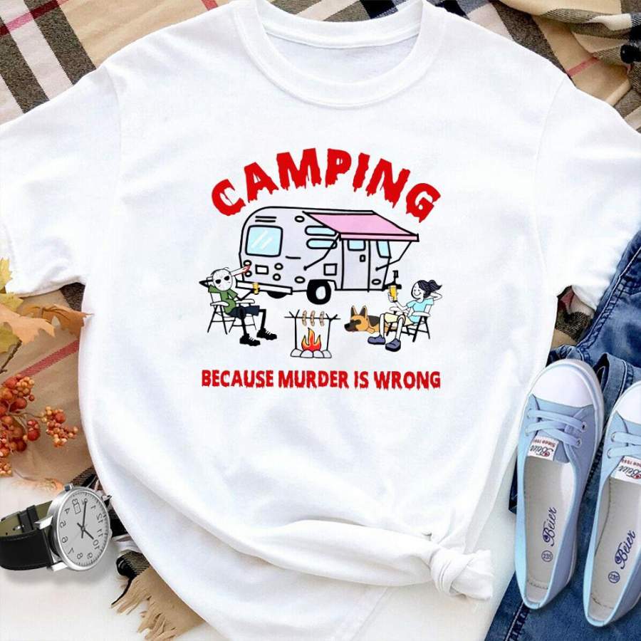 Camping because murder is wrong couple camper drink beer happy place white cotton t shirt for men and women S-6XL