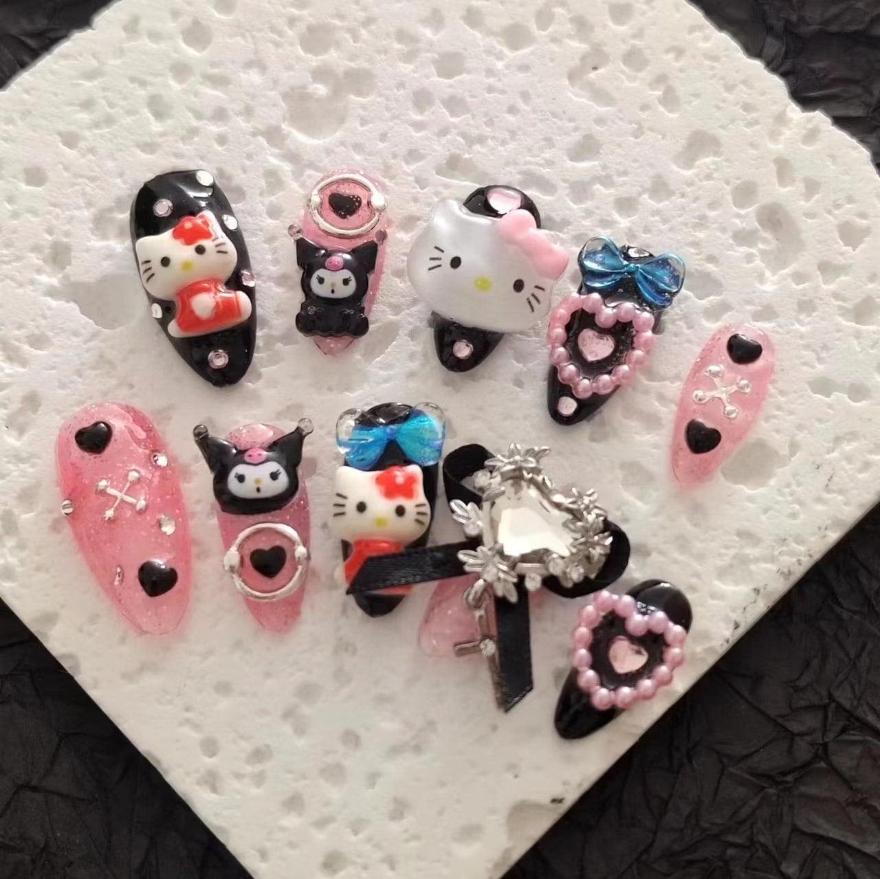 Pink Cute Anime Party Press On Nails/ Kurommi /Kitty/ Press On Nails/Black Anime Kawaii Fake Nails/Y2k nails/Japanese Cute Nails #147