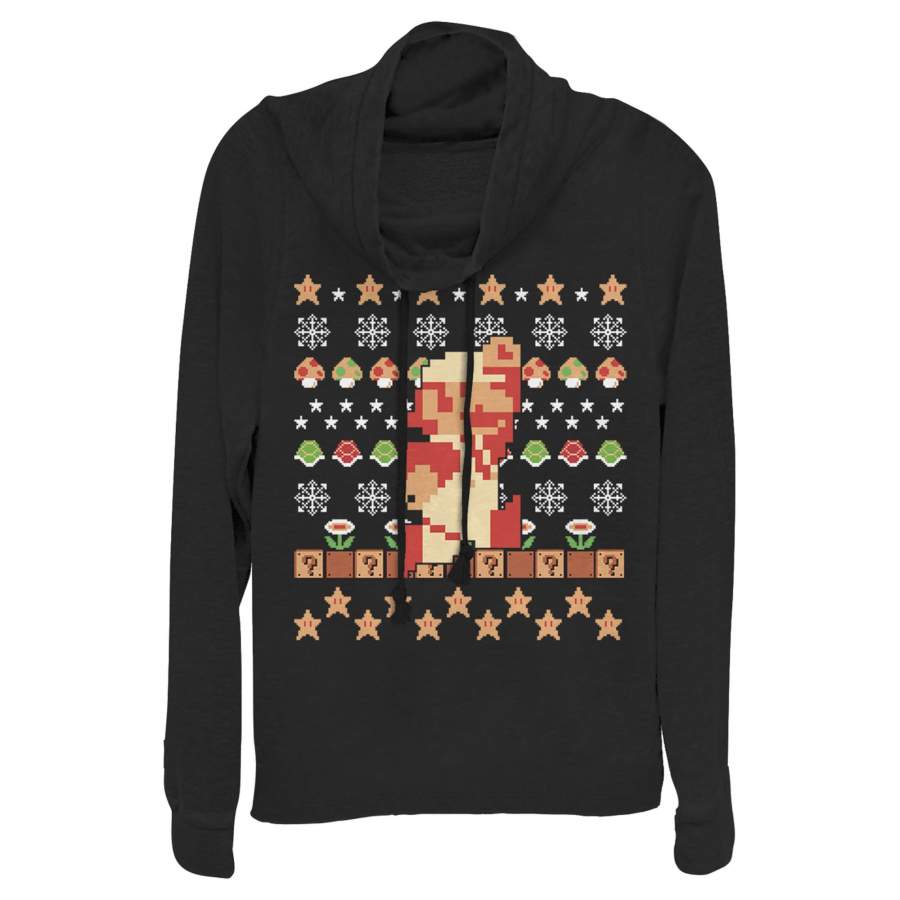 Nintendo Junior’s Ugly Christmas Super Mario Pixel  Cowl Neck Sweatshirt