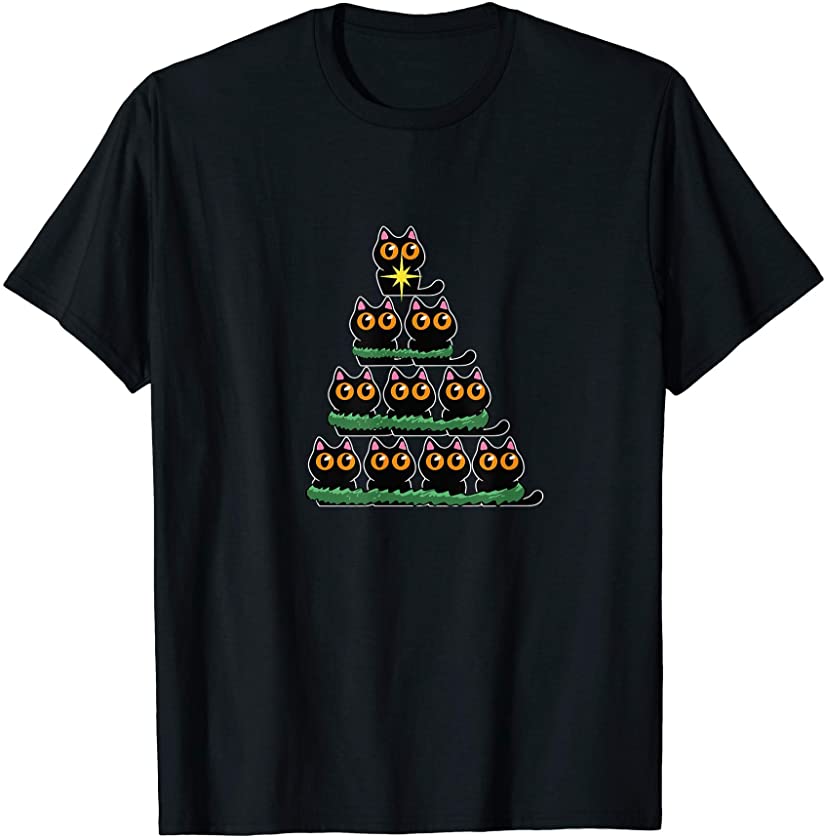 Mens Merry Christmas Black Cats And Kittens Xmas Tree Gift T-Shirt