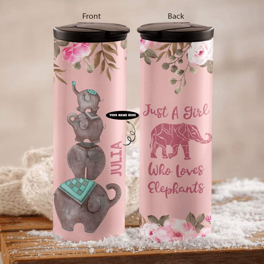 A Girl Who Loves Elephants Personalized Pearl 16oz Stainless Steel Insulated Tumbler Cup