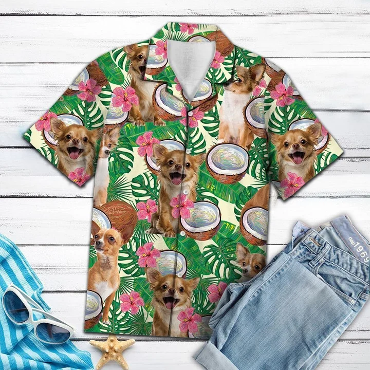 Happy Chihuahua Hide In Tropical Coconut Jungle Pattern Hawaii Shirt Ha65260