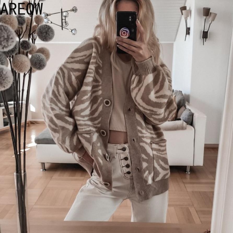 2021 Oversized Sweater Leopard Cardigan Casual Loose Female Knitted V-Neck Jumper Fall Women Clothing