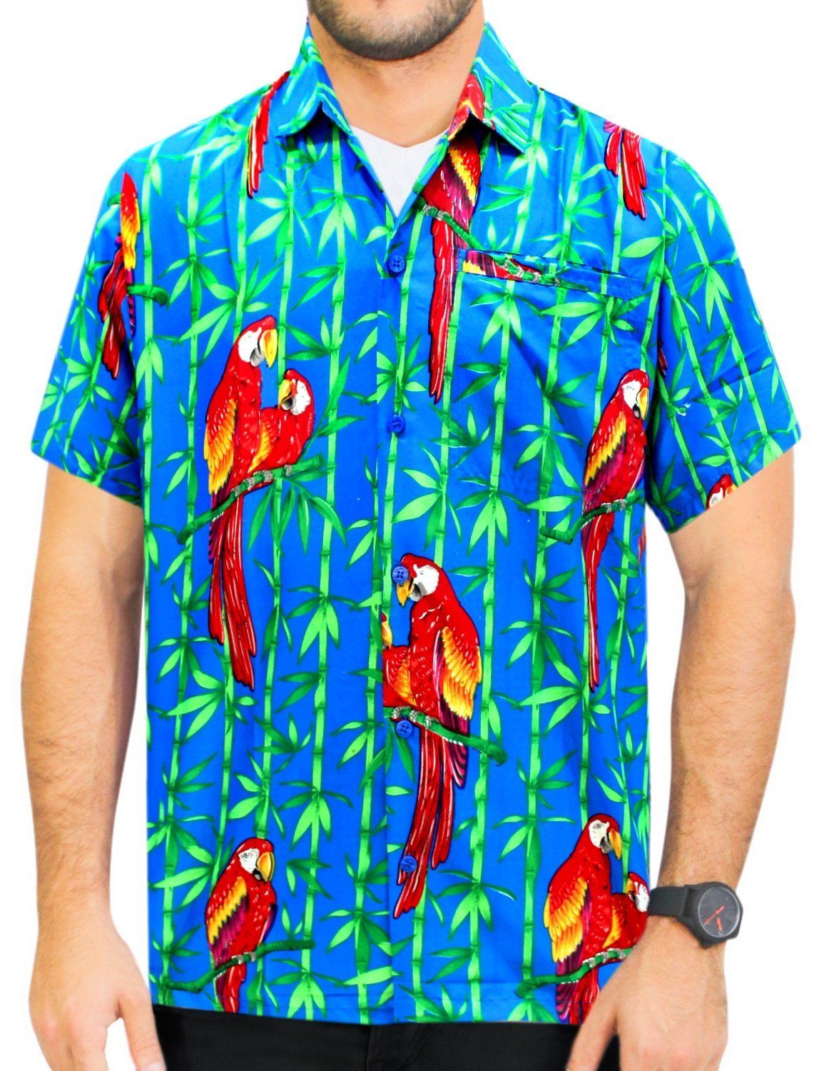 La Leela Front Men Casual Beach Hawaiian Shirt For Aloha Tropical Beach Front Short Sleeve Blue_w415