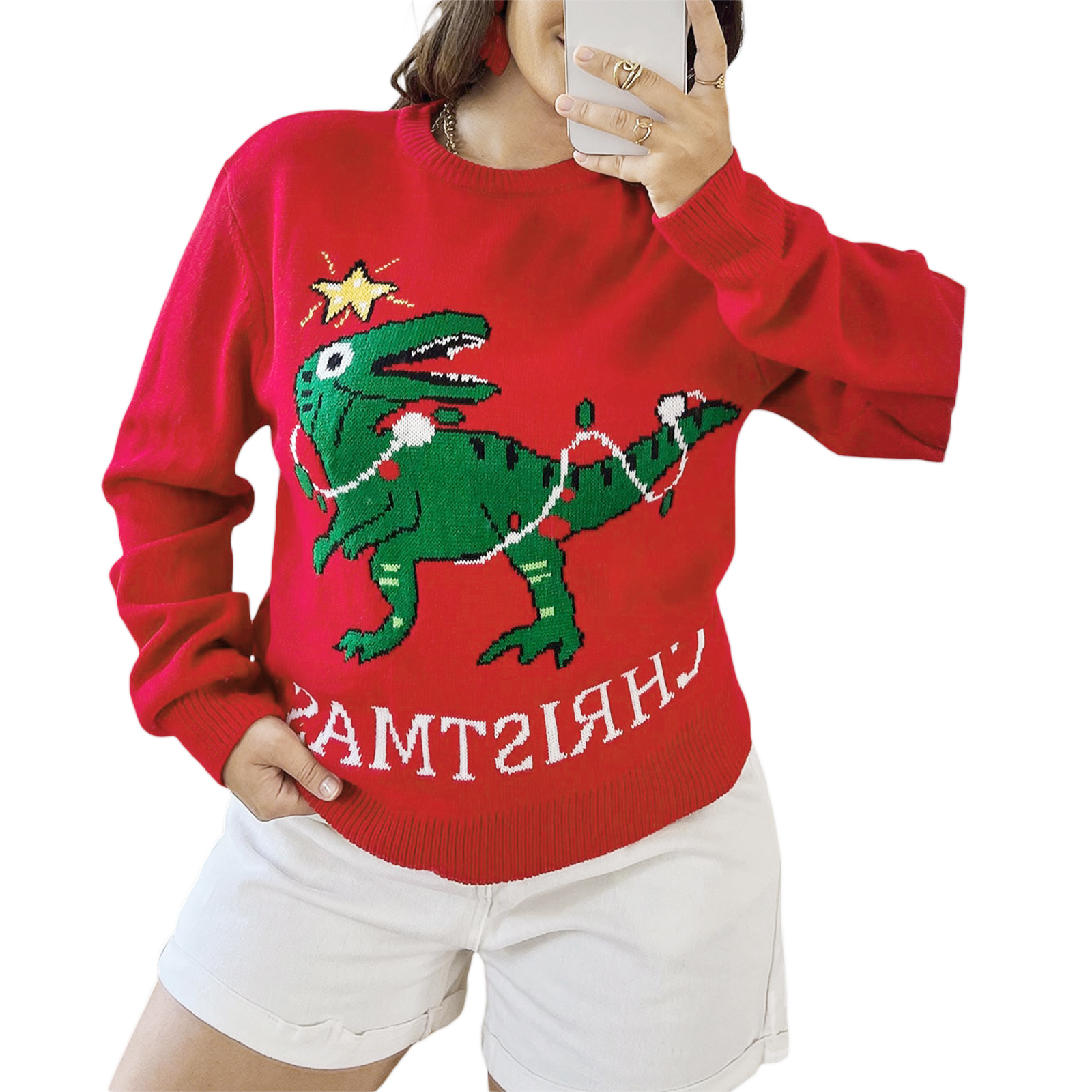 Women Cute Ugly Christmas Sweater Dinosaur Printed Casual Loose Long Sleeve Holiday Knit Pullover Tops Jumper alx