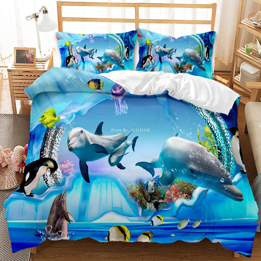 3D Undersea World Whale Shark Printed Bedding Set Blue Background Down Quilt Cover Pillow Cover Queen King Size Pieces Duvet Covers