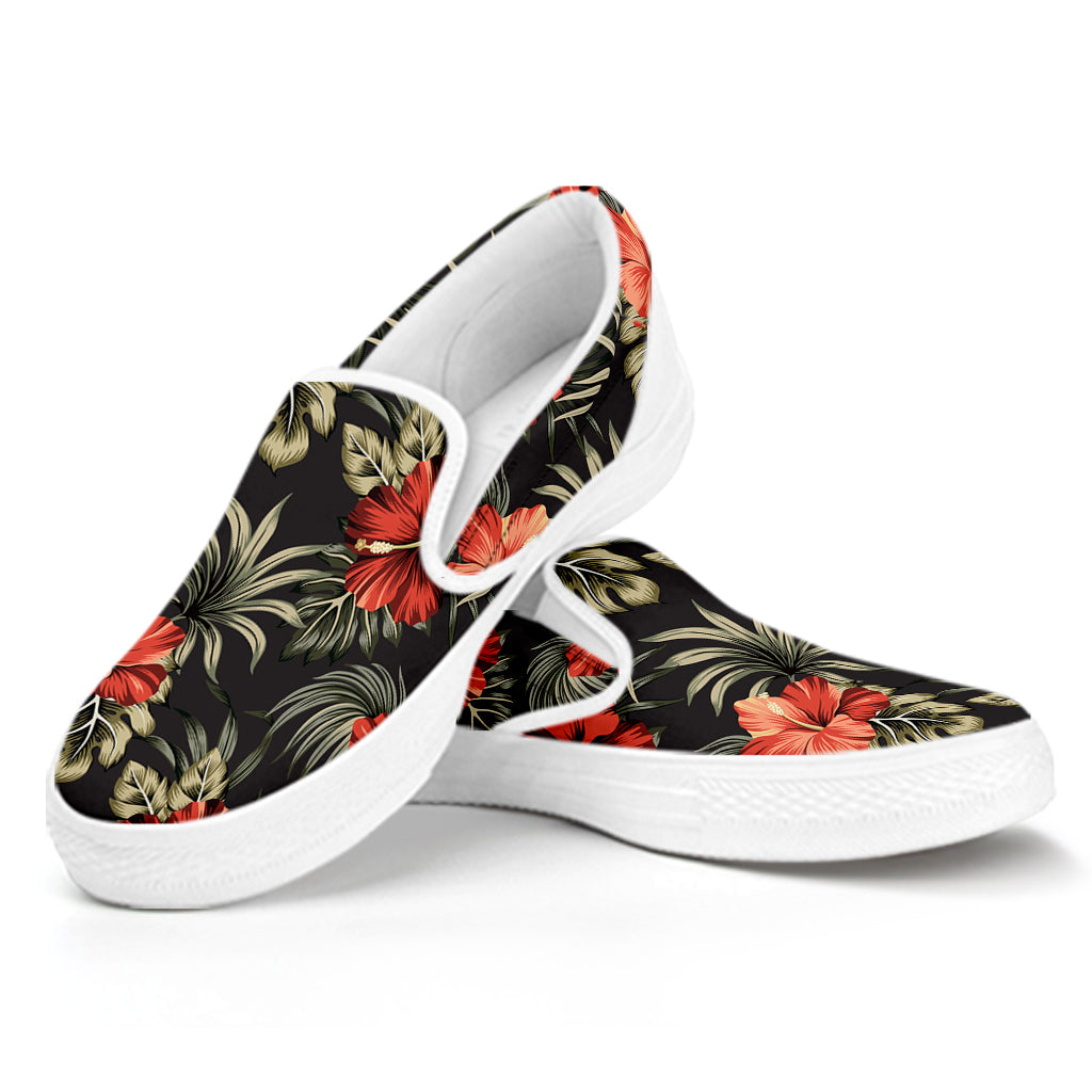 Vintage Tropical Hibiscus Floral Print White Slip On Shoes