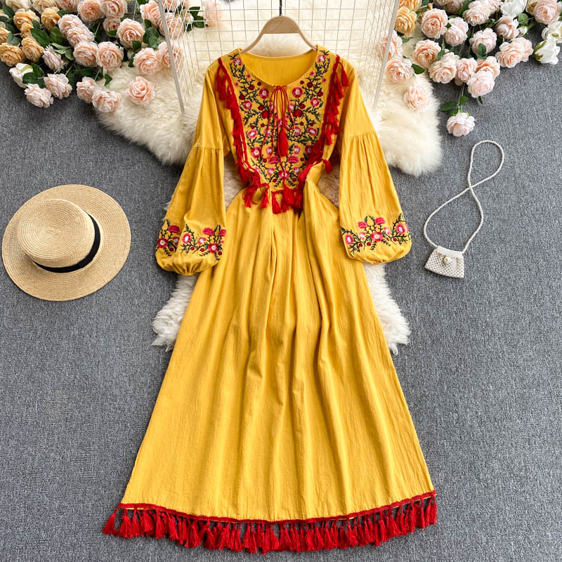 Autumn Women Dresses Bohemian Embroidered Flower O-Neck Lantern Sleeve Drawstring Dress Swing Female Vestidos Long Swing Dress alx