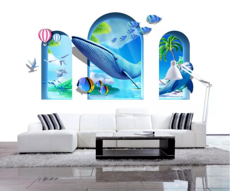 3D Whale Dolphin Blue Sea Window Wall Wallpaper Lll 120