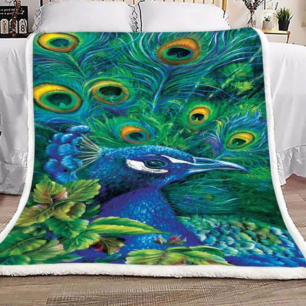 Awesome Peacock With Green Feather Fleece Blanket, Sherpa Blanket, Gift For Wife Gift For Parent, Family Member, Friends Gift, Christmas Gift, Home Decor, Home Living